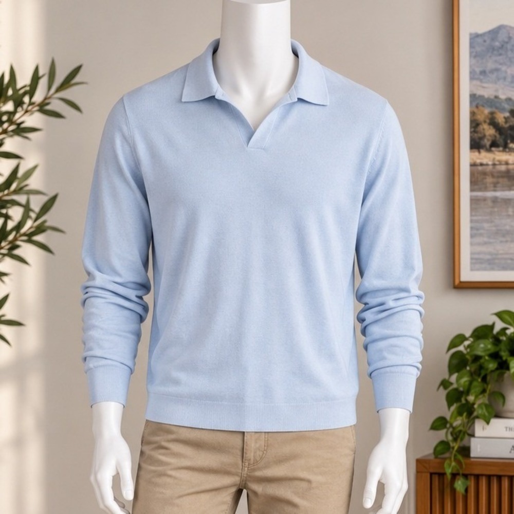 Tahari Mens Polo Sweater Light Blue Viscose Blend Collared Knit Medium